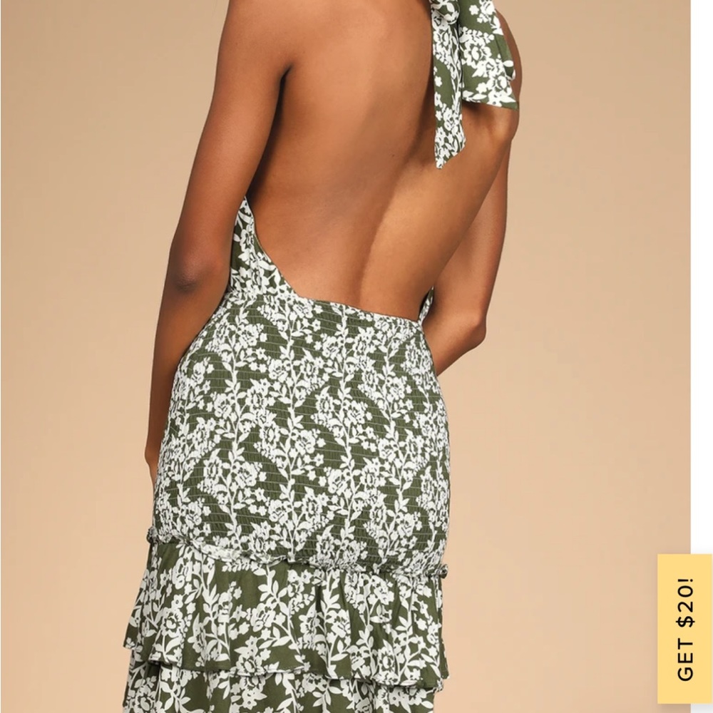 Budding Palette Green Floral Print Smocked Halter Mini Dress